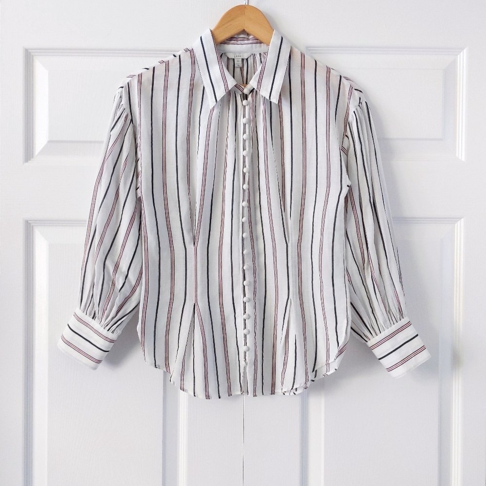 Joie Minya Gathered Blouse Top In Porcelain Stripe Cotton